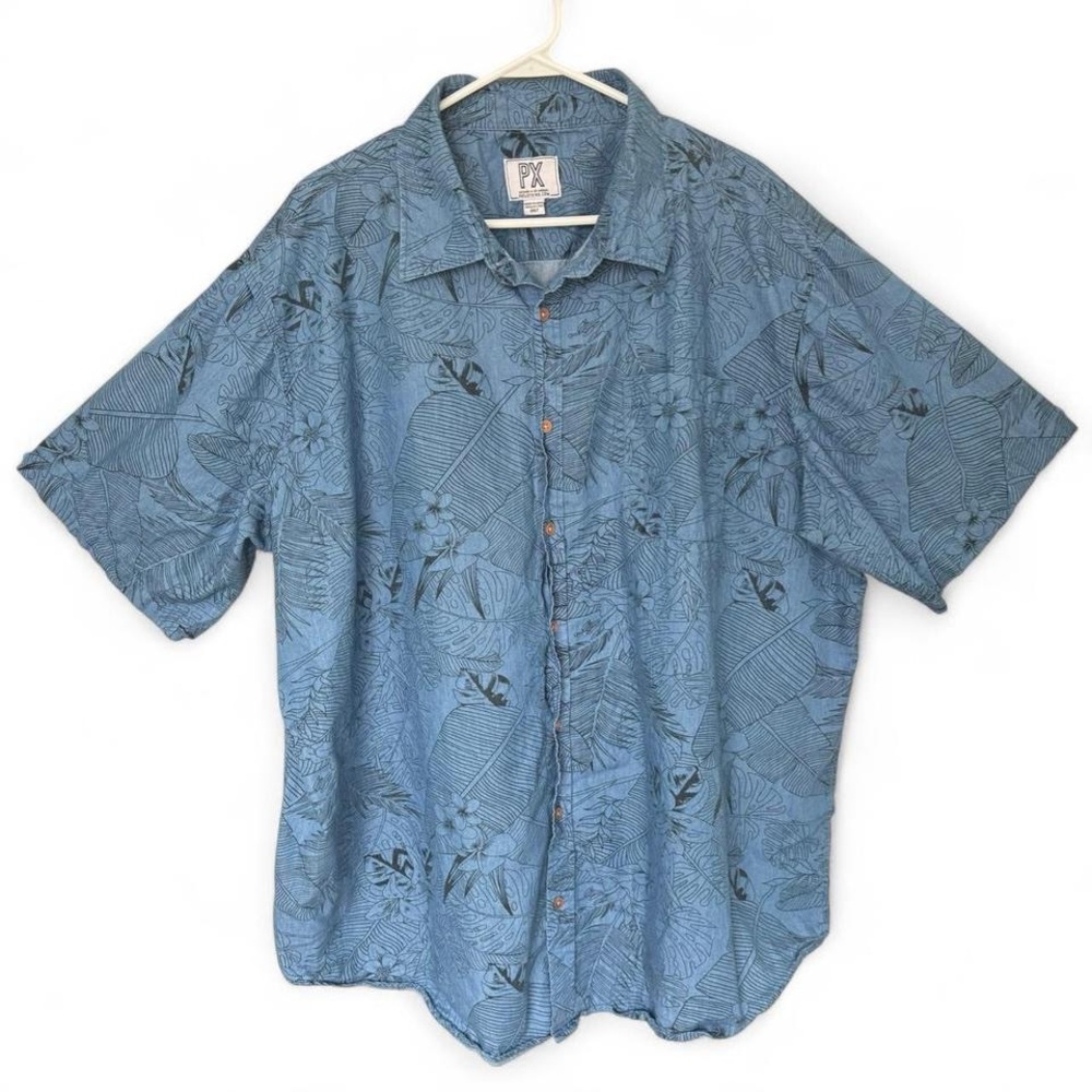 PX Clothing 100% cotton blue black tropical leaf palm short sleeve button down